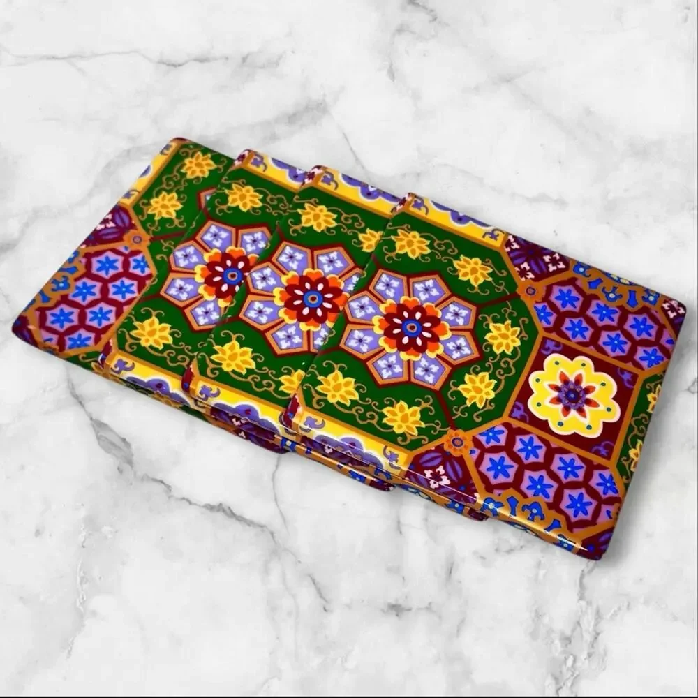 Ceramic Tile Coasters Colorful Talavera-Style Geometric Drink Floral Boho Set 4